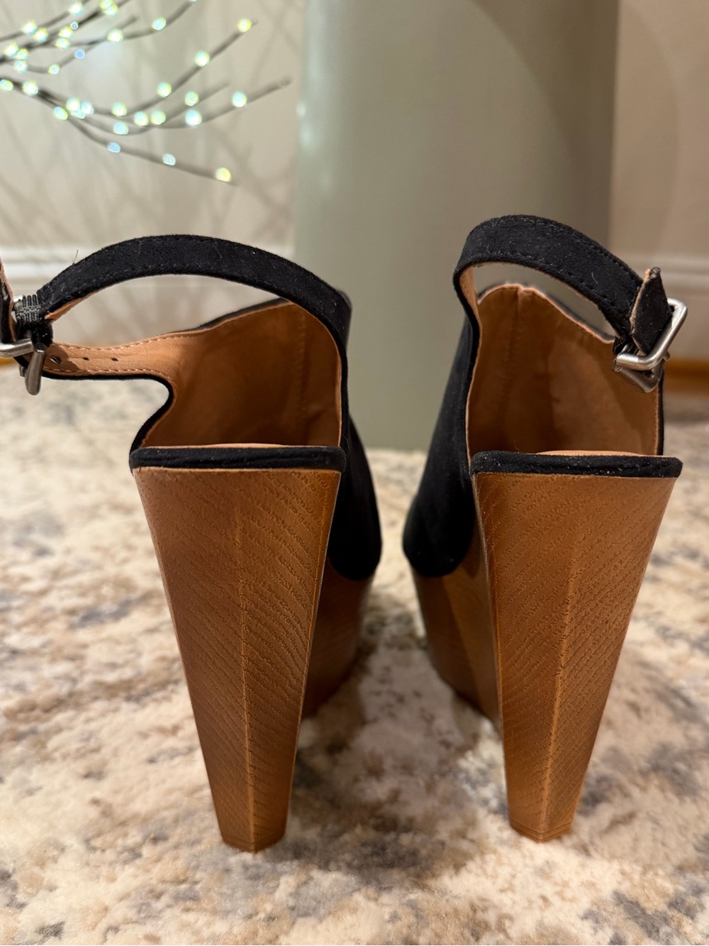 Black Suede Peep-Toe Wedge Sandals - Picture 2 of 3